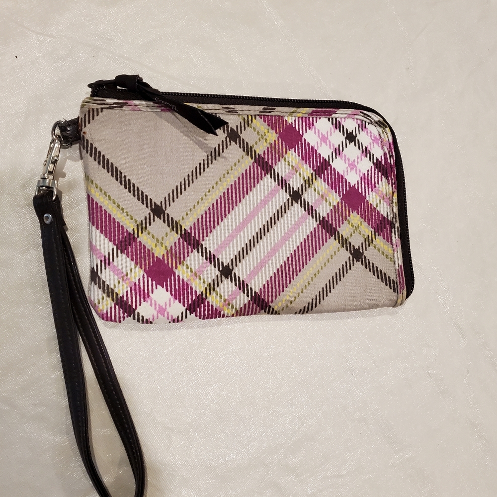Thirty-One Purple plaid Wristlet, returned print, NWOT
